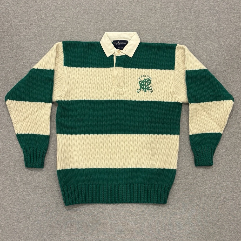 Vintage Ralph Lauren Striped 100% Wool Rugby Sweater Men's Size S Knit Green